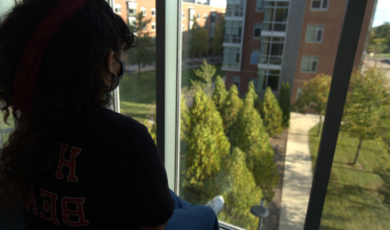 一个学生坐在校园里，望着窗外